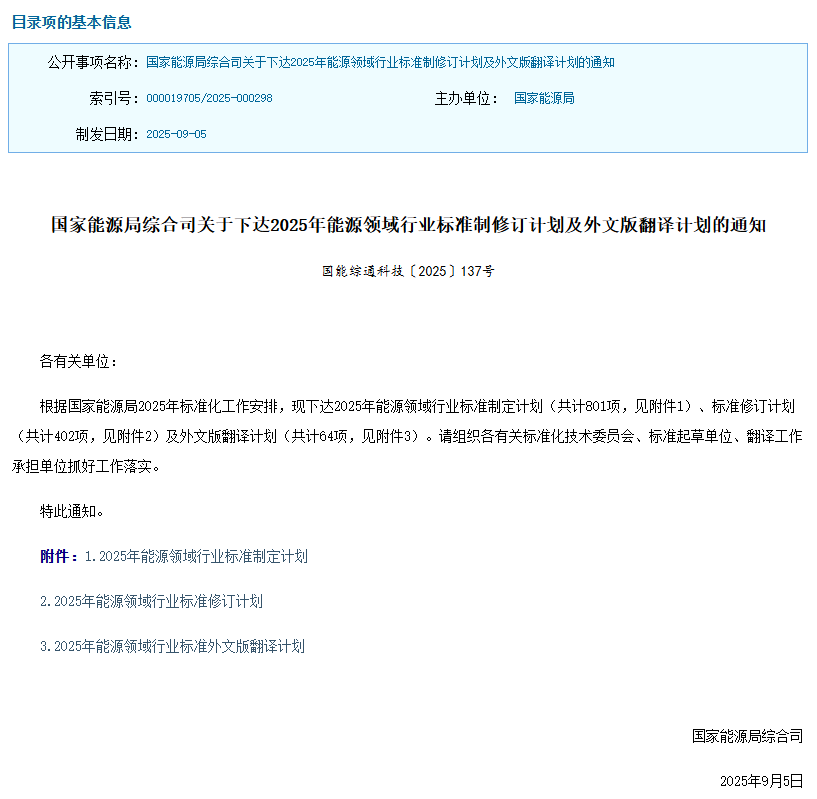 国家能源局发布2025年能源领域行业标准制修订计划(图1)